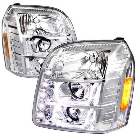 Dual U Bar LED Halo Projector Headlight In Chrome Housing Clear Lens Made For And Compatible With 2007 - 2014 GMC Yukon Denali 07 08 09 10 11 12 13 14