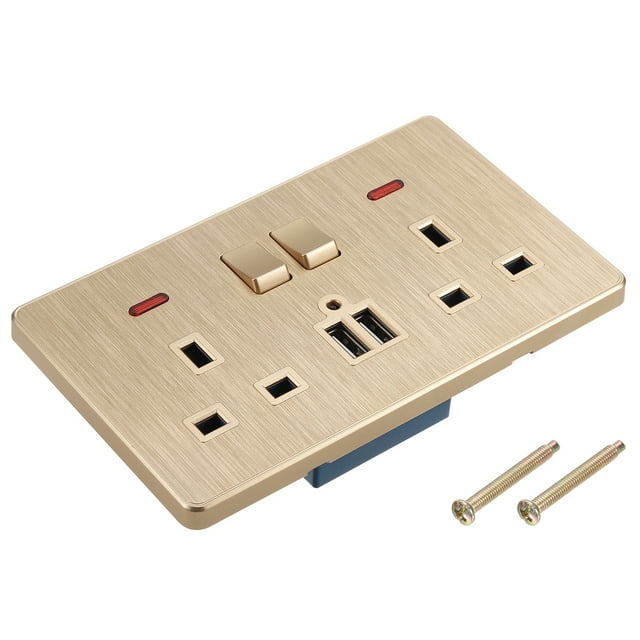 Dual UK Socket Switched Multi Power Outlet Dual USB Gold Tone 250V 13A 146x88mm