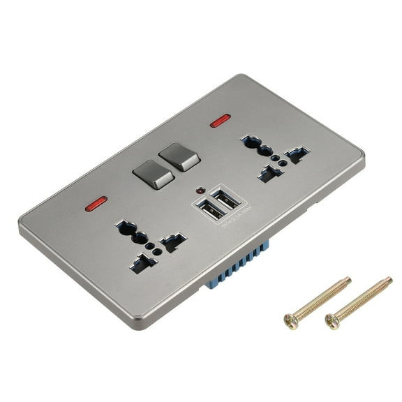Dual UK US Socket Switched Multi Outlet Dual USB Light Grey 250V 13A 146x88mm