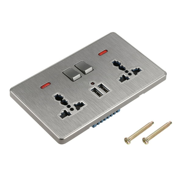 Dual UK US Socket Switched Multi Power Outlet Dual USB Grey 250V 13A 146x88mm