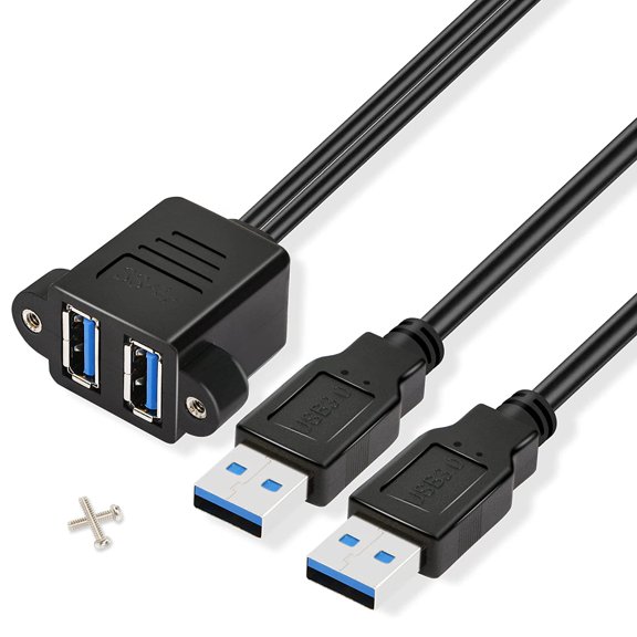 Dual USB 3.0 Cable with Panel Mount Screw Hole, 2 Ports USB 3.0 Male to Female Extension Cable, Suitable for Family, Classroom, Office, Conference, Entertainment and More Occasions (0.3m)