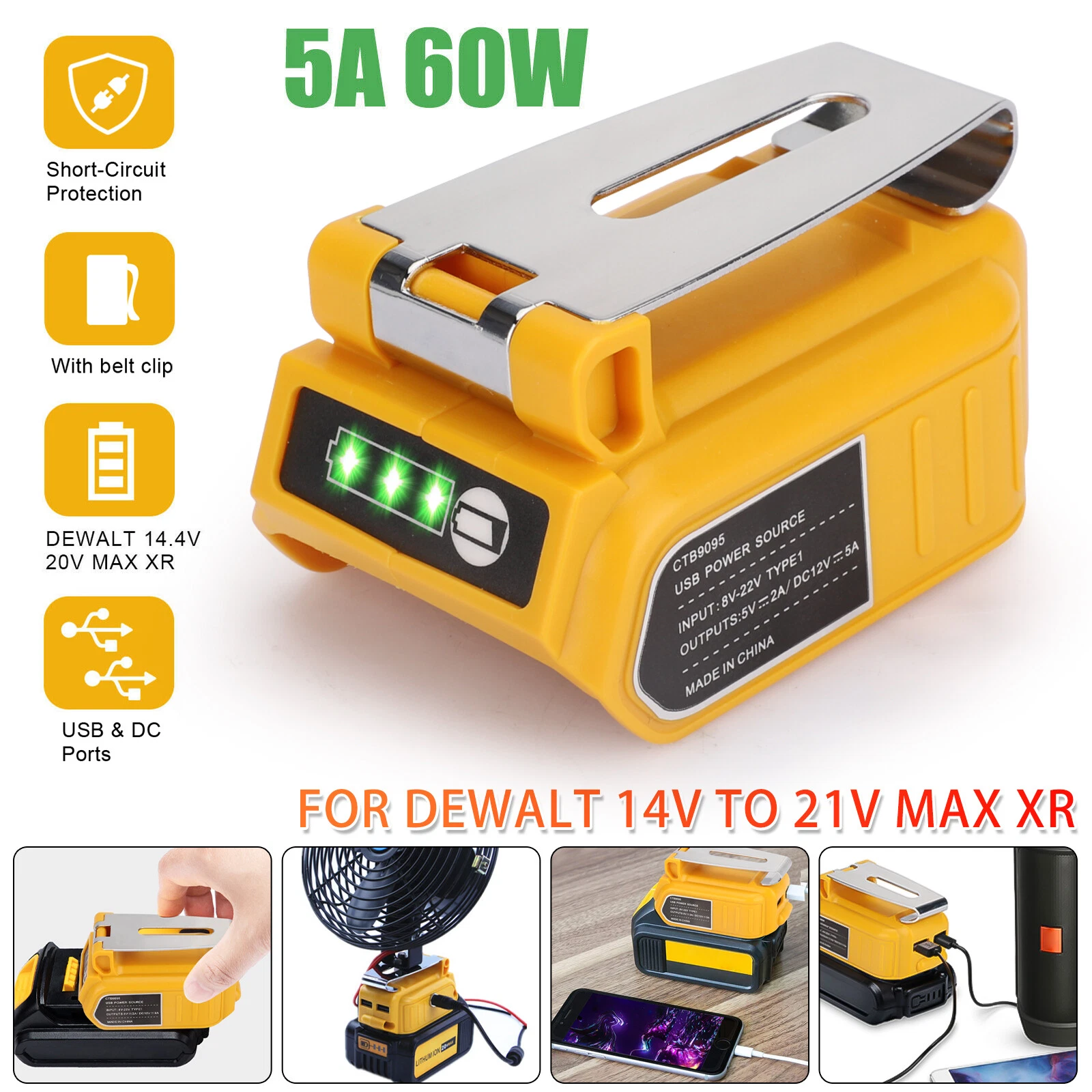 Dual USB Battery Charger Adapter Power Source Converter for Dewalt 14-21V Max