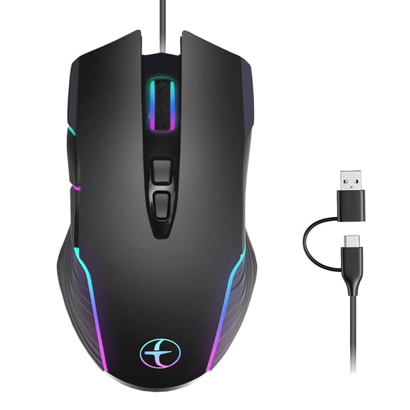 Dual USB-C and USB-A Wired Gaming Mouse with RGB Backlit, Moving Mouse Jiggler, 4 Adjustable DPI for MacBook, Chromebook, Windows, Computers, and Laptops (Black)