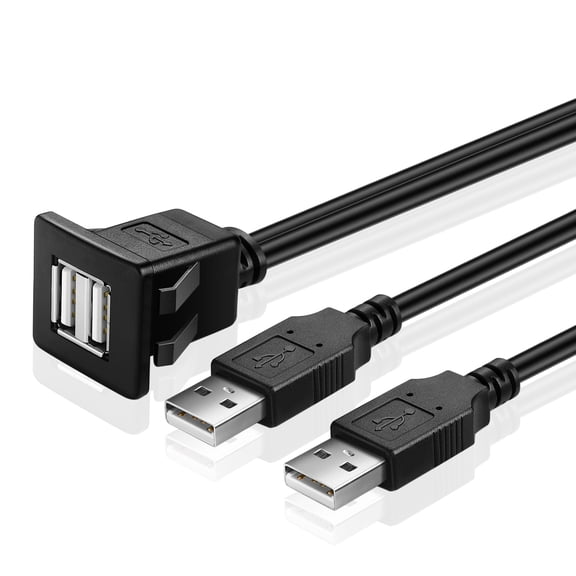 Dual USB Flush Mount Cable with Buckle (Square)- Dashboard Panel Dash Mount 2 Ports Socket Plug Jack Connector Extension Wire Cord Water Resistant Male to Female for Car Trailer Boat Motorcycle 6FT