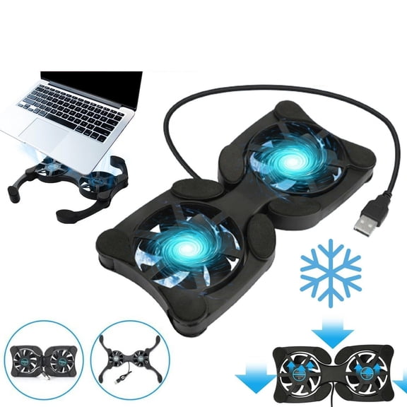Dual USB Laptop Cooling Pad, 12-16 Inch Foldable Slim Laptop Cooler Stand with Two Adjustable 5-Inch Fans, Quiet Portable Cooler for Notebook Computer