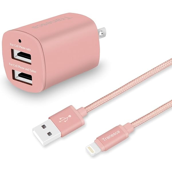 Dual USB Pink Wall Charger and 6ft Charging Cable for iPhone 14 13 12 11 Pro Max, SE,Xs/Xs Max, XR/8/7/6S/6S Plus/6 Plus/6 and Samsung, LG, Moto - Rose Gold