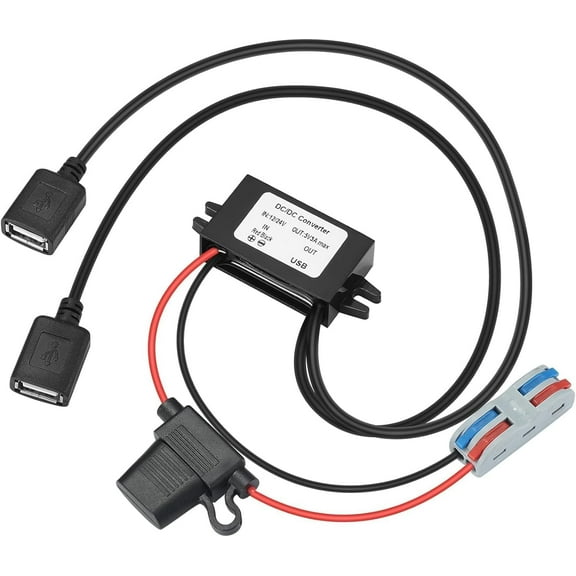 Dual USB Step Down Converter 12/24V, USB Port 8-32V to 5V Buck Converter, DC/DC Voltage Converter 12/24V to 5V3A 15W MAX, with Fuse Waterproof Step Down Transformer, Output Power Adapter