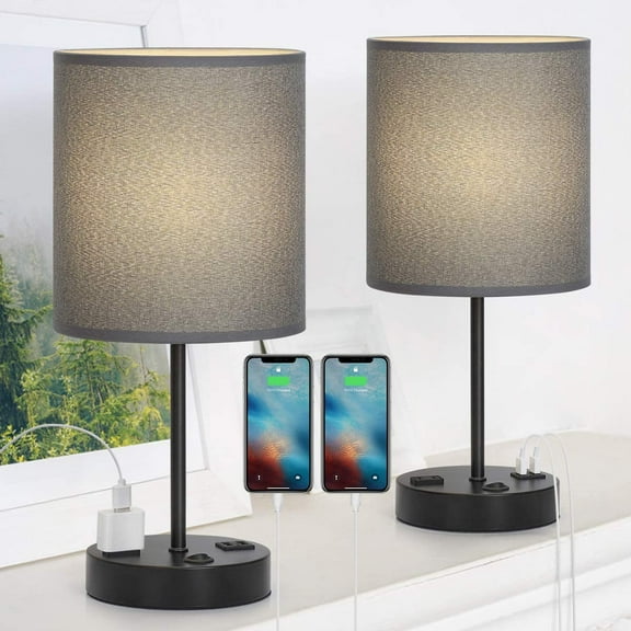 Dual Usb Rechargeable Bedside Lamp, Metallic Gray Shade With Ac Socket Table Lamp