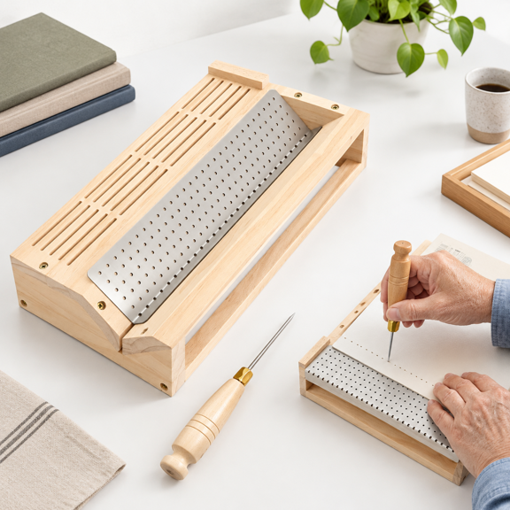 Dual-Use Punching Cradle-001 Bookbinding Punching Kit with Stainless Steel Guide and Awl