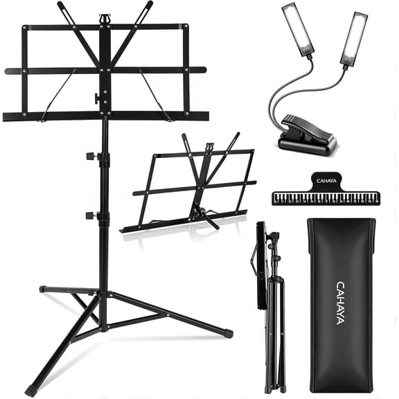 Dual-Use Reinforced Folding Sheet Music Stand with Stand Light & Desktop Book Stand Lightweight Portable Adjustable with Carrying Bag Including Music Sheet Clip Holder