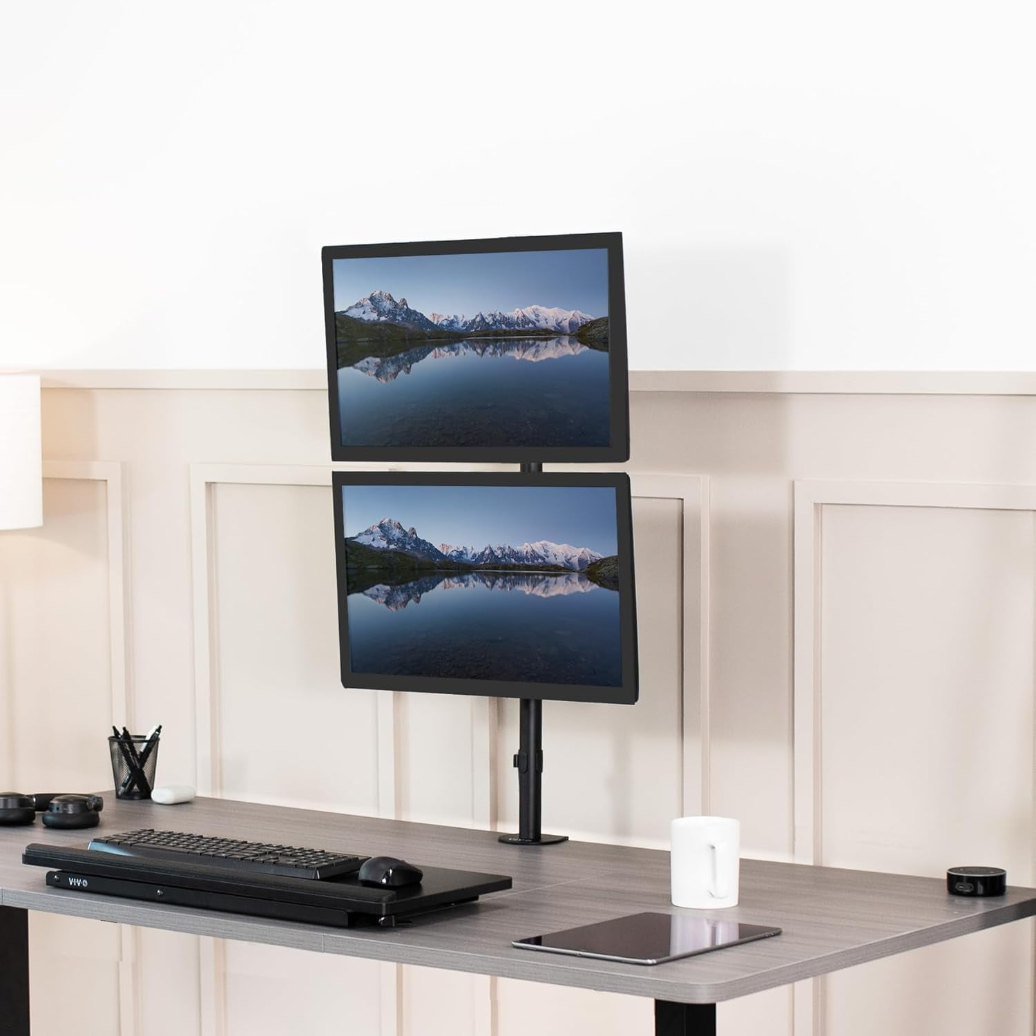 Dual Vertically Stacked Monitor Desk Mount,  Tall Adjustable Stand for 2 Ultrawides  to 34 inches, 22 lbs Capacity, Black, STAND-V002T