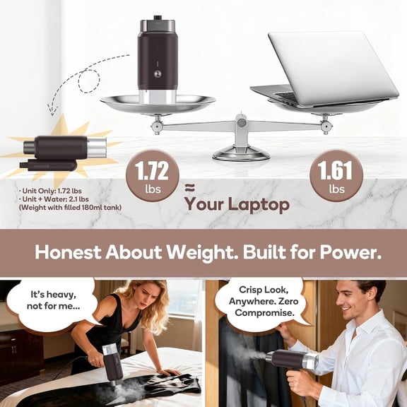 Dual Voltage Garment Steamer 120V/220V, 1200W Powerful Steamer for Clothes, Home & Travel Use, Horizontal & Vertical Steaming, 20s Heat-up, Foldable, 1.72lbs, 180ml (Brown)