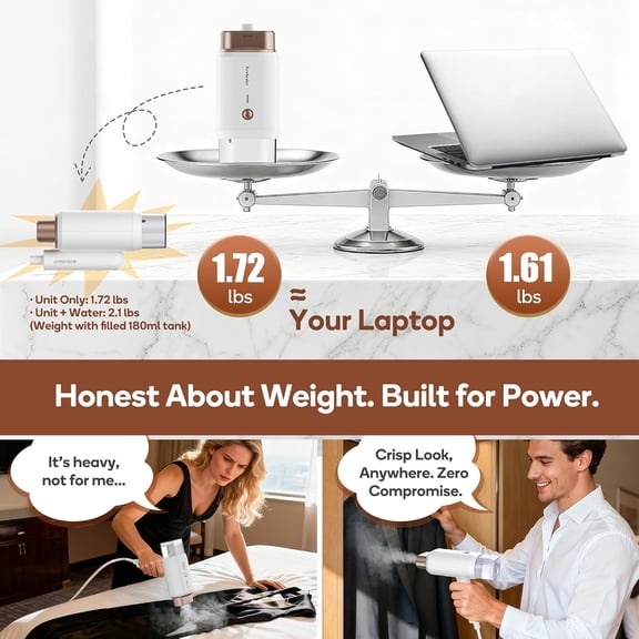 Dual Voltage Garment Steamer - 120V/240V, 1200W Powerful Steamer for Clothes, Home & Travel Use, Horizontal & Vertical Steaming, 20s Heat-up, Foldable, 1.72lbs, 180ml (Gold)