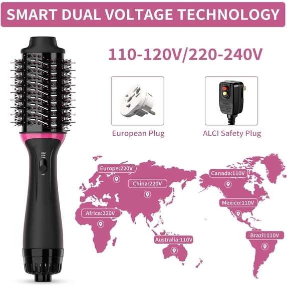 Dual Voltage Hair Dryer Brush for European Travel, Professional Blow Dryer Styler Volumizer with Negative Ion Anti-frizz