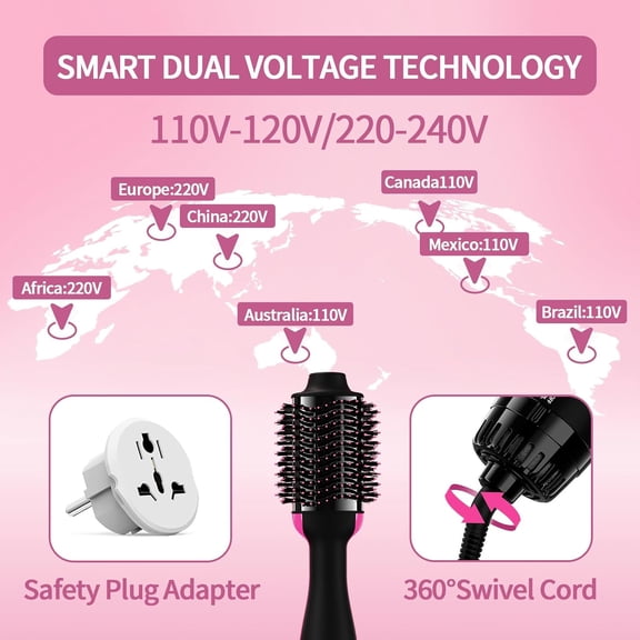 Dual Voltage Hair Dryer Brush with Negative Ion Anti-frizz Styler for Travel and Home Use