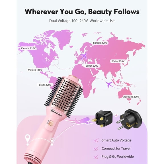 Dual Voltage Travel Blow Dryer Brush, Mini Hair Dryer Brush with Auto 100–240V, EU/UK Plug Ready, 4-in-1 Compact Hot Air Brush Lightweight, Ionic for Smooth & Voluminous Hair Anywhere