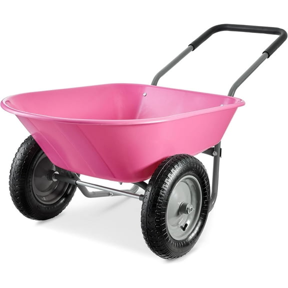 Dual-Wheel Home Utility Yard Wheelbarrow Garden Cart w/Built-in Stand for Lawn, Gardening, Construction - Pink
