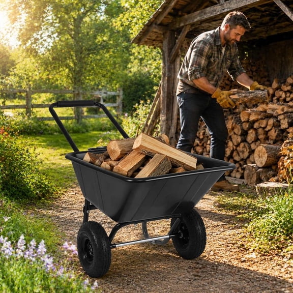 Dual-Wheel Wheelbarrow Garden Utility Cart with Pneumatic Tires and 21 Gal Pp Bin