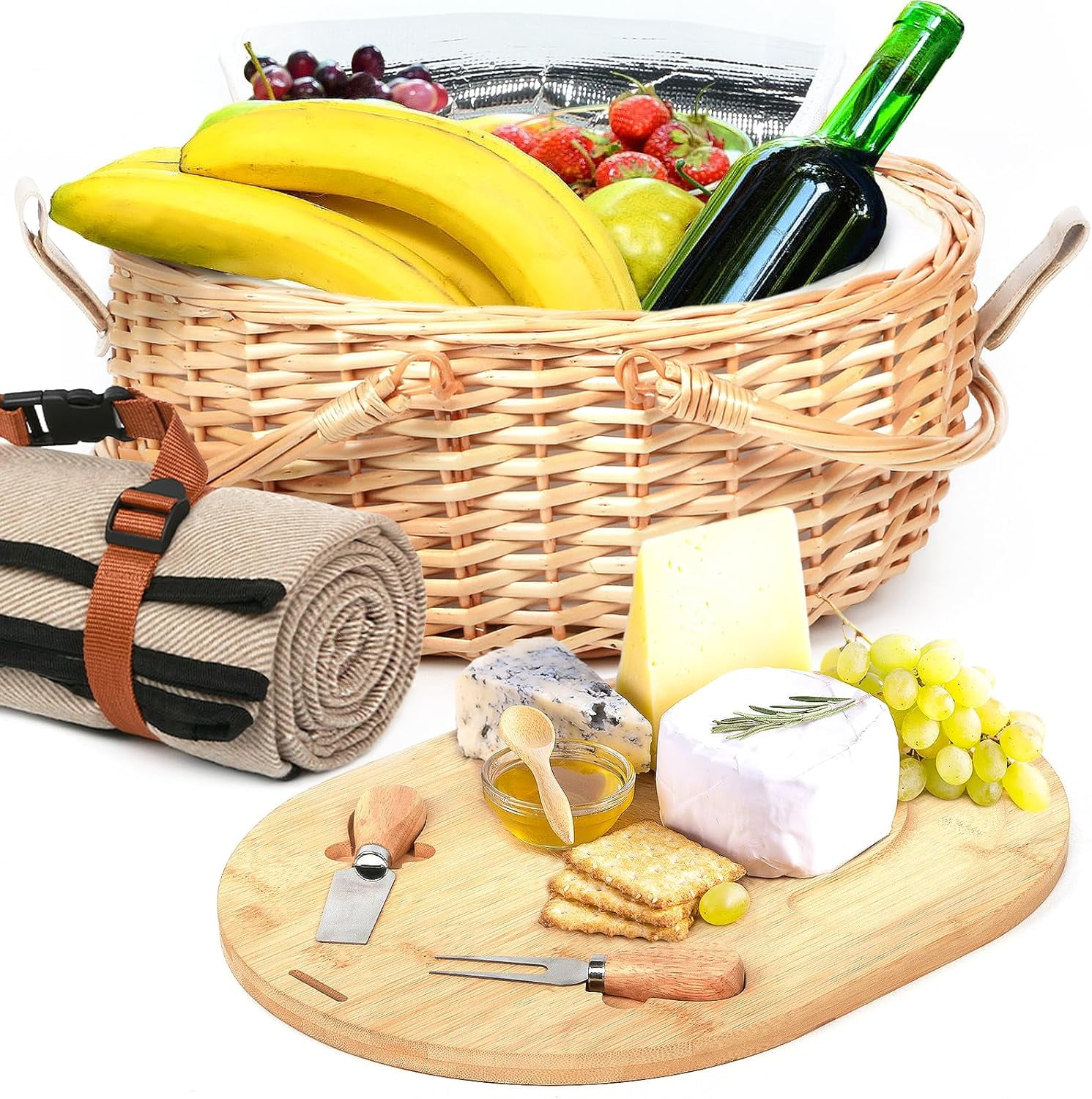 Hap Tim Dual Wicker Picnic Basket Set with Blanket for 2 - Unique Gifts ...