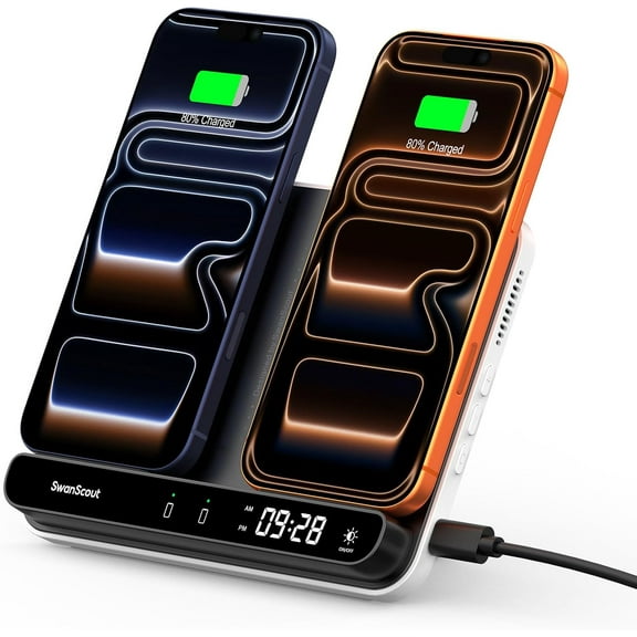Dual Wireless Charger Stand, 504, Foldable Charging Station Pad for iPhone 17/Air/16/15/ Series, Galaxy S25/S24/S23, Google Pixel 10/9/8, Android Phones, AirPods/Galaxy Buds