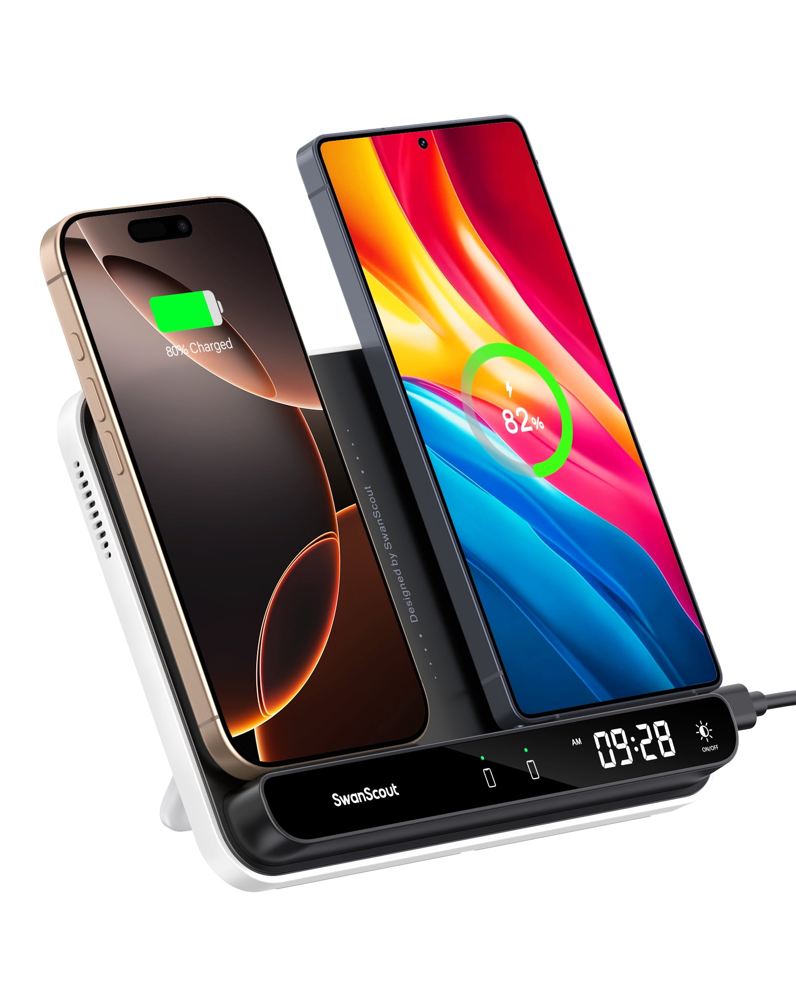 Dual Wireless Charger Stand, SwanScout 504, Foldable Wireless Charging Station Pad for iPhone 16/15/14 Series, Samsung Galaxy S25/S24/S23, Google Pixel 9/8/7, Android Phones, AirPods/Galaxy Buds