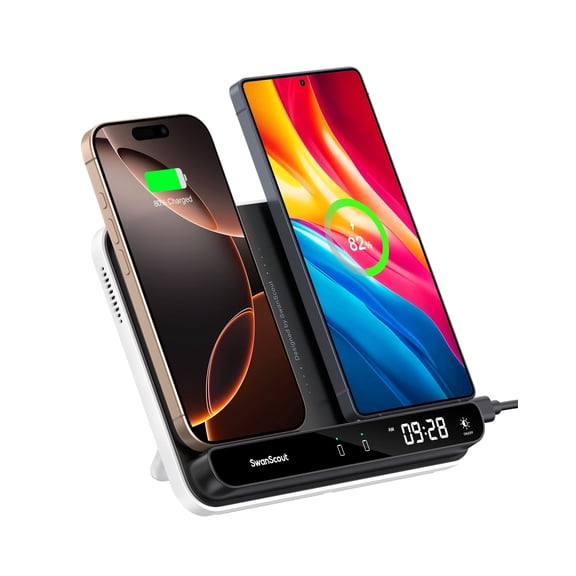 Dual Wireless Charger Stand for iPhone 17/Air/16/15/14 Series, for Samsung Galaxy S25/S24/S23/S22 Series, Android Phones, Foldable Wireless Charging for AirPods Pro 3/Galaxy Buds3 Pro, SwanScout 504