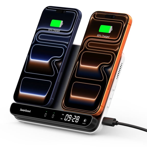 Dual Wireless Charger Stand for iPhone 17/Air/16/15/14 Series, for Samsung Galaxy S25/S24/S23/S22 Series, Android Phones, Foldable Wireless Charging for AirPods Pro 3/Galaxy Buds3 Pro, SwanScout 504