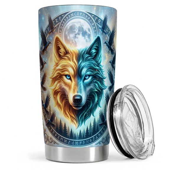 Dual Wolf Rune Moon 20oz Tumbler, Wolf Tumbler for night drinks, gold teal split face with ravens, full moon and pine forest, Norse inspired wildlife cup for adults and fantasy fans