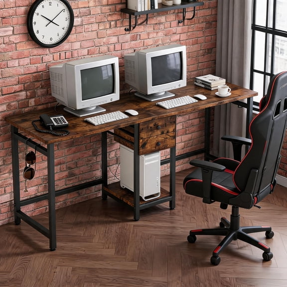 Dual Workstation Two-Person Desk for Home Office Gaming, Contemporary Farmhouse, Jet Black or Rustic Brown, Extra Large 78.8 Inch