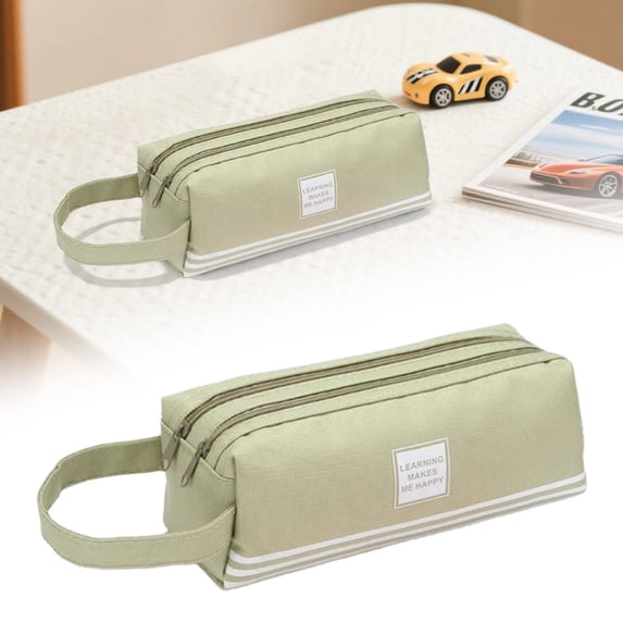 Dual Zipper Canvas Pencil Case, Pencil Bag, Soft Pencil Pouch, Large Capacity Stationery Bag, Handheld Pen Storage Case, Double Compartment Striped Pouch for Multipurpose Travel Sundry Storage 1Pcs