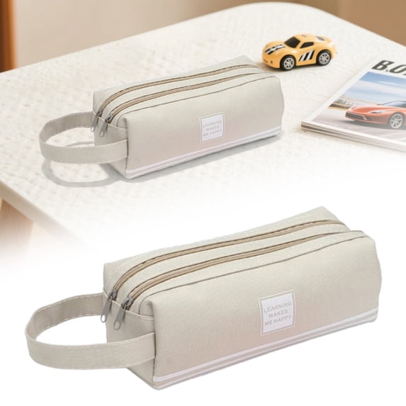 Dual Zipper Canvas Pencil Case, Pencil Bag, Soft Pencil Pouch, Large Capacity Stationery Bag, Handheld Pen Storage Case, Double Compartment Striped Pouch for Multipurpose Travel Sundry Storage 1Pcs