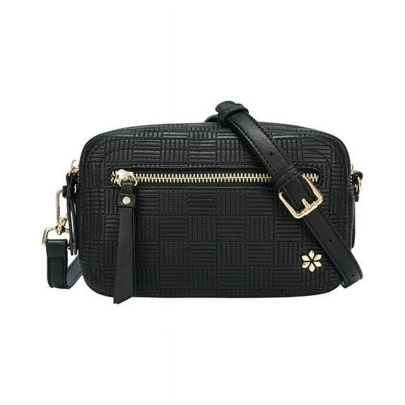 Dual Zipper Cross Body Shoulder Bag - PU Vegan Leather - Black Check
