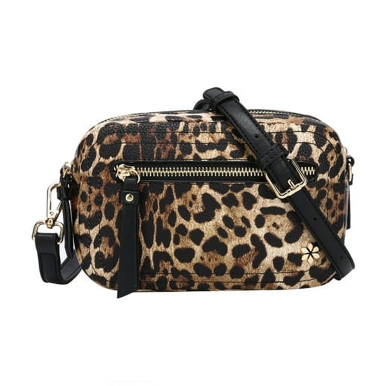 Dual Zipper Cross Body Shoulder Bag - PU Vegan Leather - Leopard