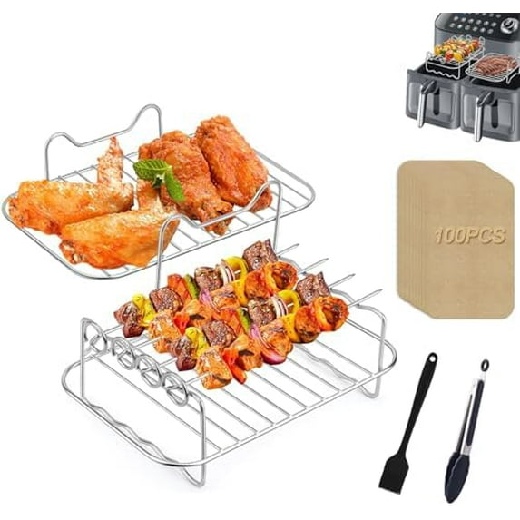 Dual Zone Air Fryer Accessories: 2 Racks + 100 Paper Liners, Compatible with Ninja Foodi DZ201/DZ401 (5pcs Double Basket Set) | Home/Kitchen