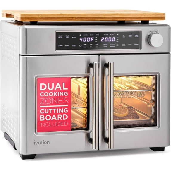 Dual Zone Air Fryer French Door Oven - 32 Quatity Convection Toaster Combo, 10-in-1 Multifunction Up to 450° - 1800W - Temperature Control, Timer - Stainless Steel - Dehydrate, Bake, Roast