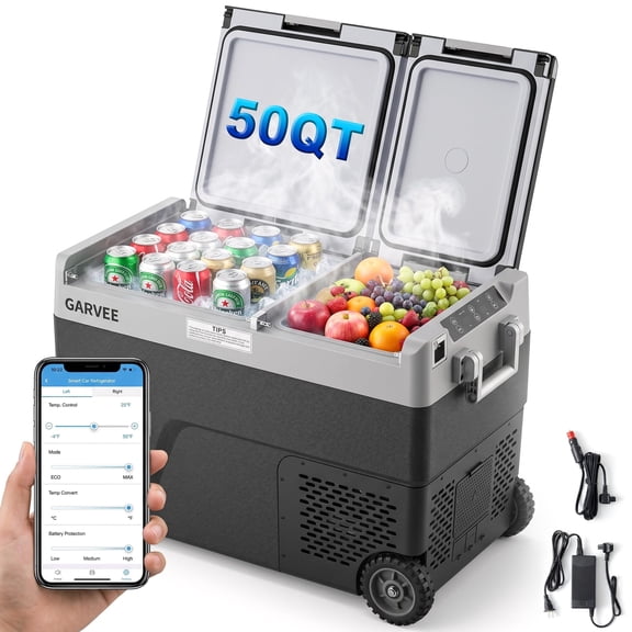 Dual Zone Car Refrigerator Freezer with Wheels, 48L/50QT, 12V/24V DC & 100-240V AC, APP Control, -4~68, Portable Electric Cooler for Camping, RV, Travel 2-in-1 Tabletop