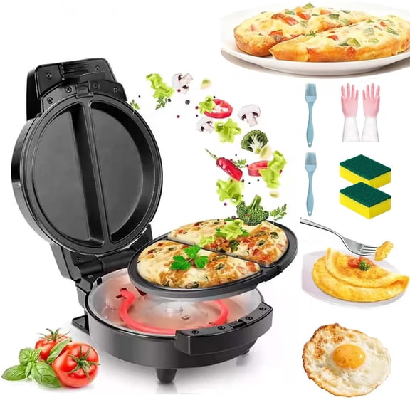 Dual-Zone Electric Omelette Maker, 1000W Double-Sided Heating, 2 Individual 6.5" Nonstick Pans, No-Flipping Breakfast Griddle with Temperature Control, Anti-Slip Base & Work Indicator Light (Black)