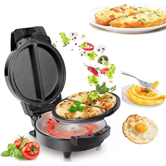 Dual-Zone Electric Omelette Maker, 1000W Double-Sided Heating, 2 Individual 6.5" Nonstick Pans, No-Flipping Breakfast Griddle with Temperature Control, Anti-Slip Base & Work Indicator Light (Black)