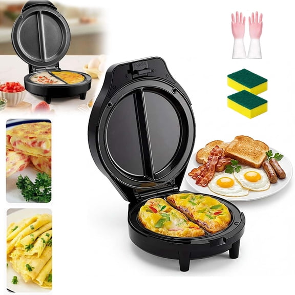 Dual-Zone Electric Omelette Maker, 1000W Double-Sided Heating, No-Flipping Breakfast Griddle with Temperature Control, Anti-Slip Base, Easy-Clean Non-Stick Surface for Eggs and Pancakes
