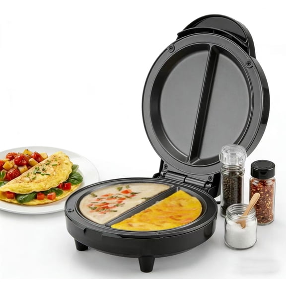 Dual-Zone Electric Omelette Maker 2026|Non-Stick Double Omelet Pan with Fast Heating|Perfect for 2 Eggs,Breakfast Sandwiches,Frittatas|1000W Compact Kitchen Appliance (Black)