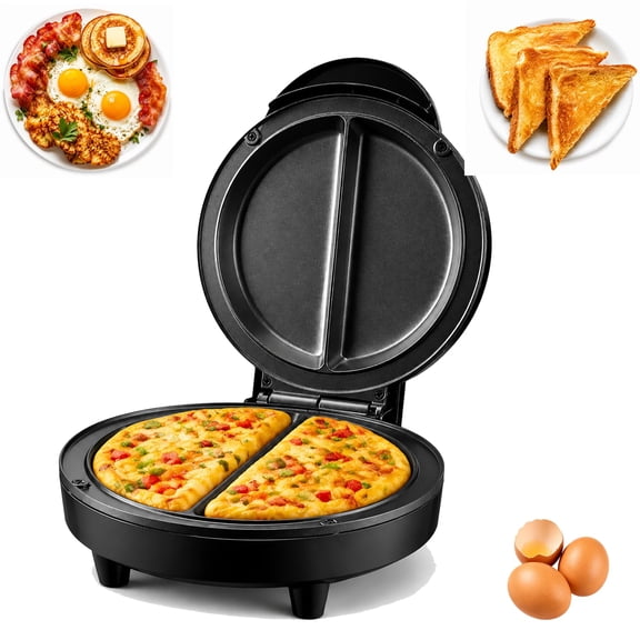 Dual-Zone Electric Omelette Maker with Non-Stick Griddle1 pc | 850W Flip Design Breakfast Cooker with Deep Plates, Even Heating for Omelettes Pancakes Toasties Frittatas