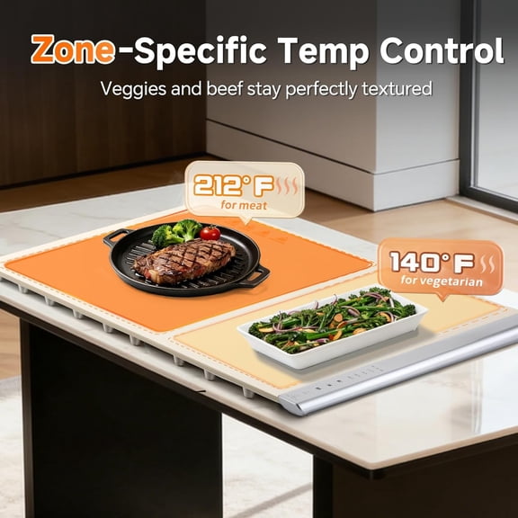 Dual-Zone Food Warming Mat, 5s Fast Heat Electric Warming Tray, 4 Temp Levels & Timer, Rollable Silicone Food Warmer for Parties Buffet Gatherings, Table Safe Portable for Dinner Travel
