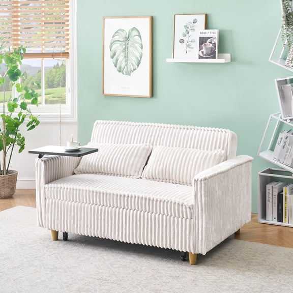 Dual - function pull - in beige corduroy sofa with USB ports and comfortable seating - Suitable for long - term TV watching in the living room
