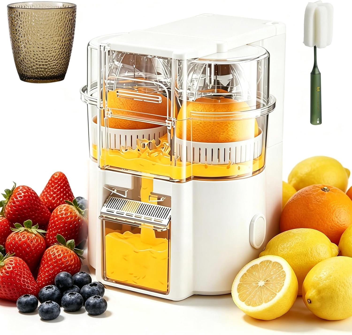 Dual-head Electric Juicer, Dual-head Electric Citrus Juicer, Automatic Duals-Heads Juicers Machine, Built-in Cutter, for Oranges, Lemons, and Limes, Portable and Efficient Juicing Machine (White)