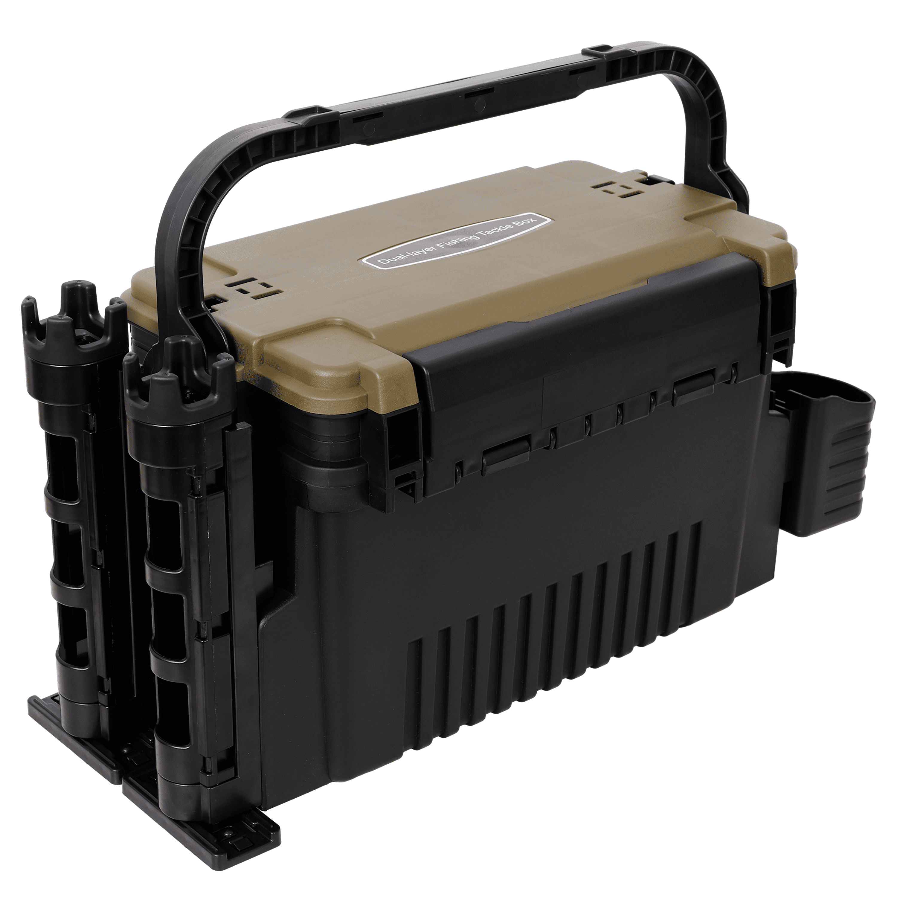 Dual-layer Fishing Tackle Box,Tackle Box Organizer Fishing Box Large,With 2pcs Rod Holder,2pcs Cup Holder,1pc Carring Strap,Army Green