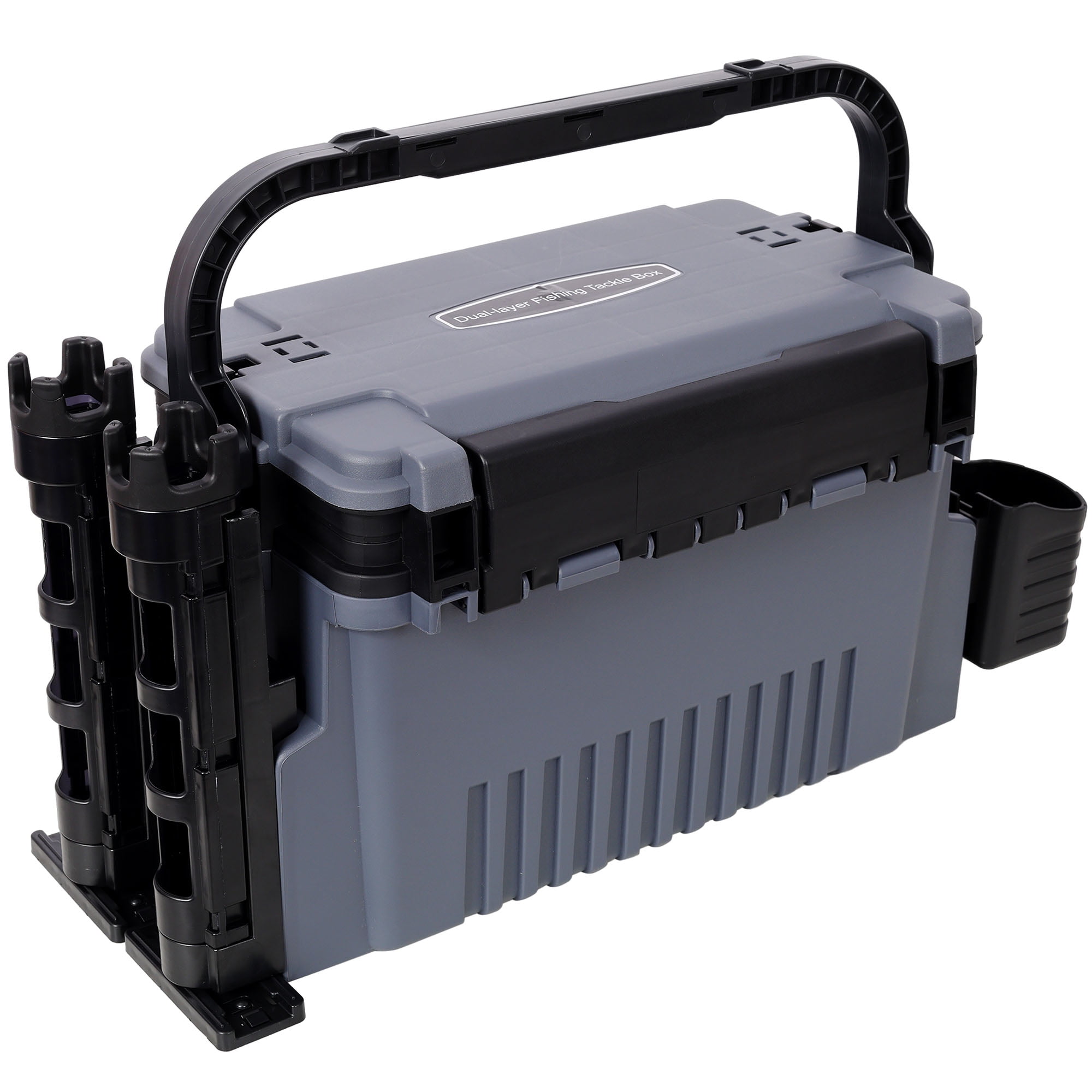 Dual-layer Fishing Tackle Box,Tackle Box Organizer Fishing Box Large,With 2pcs Rod Holder,2pcs Cup Holder,1pc Carring Strap, Gray