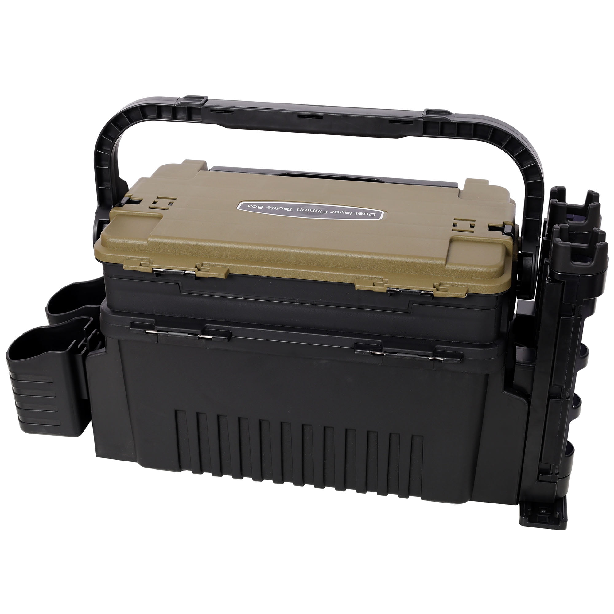 Dual-layer Fishing Tackle Box,Tackle Box Organizer Fishing Box Large,With 2pcs Rod Holder,2pcs Cup Holder,1pc Carring Strap, Green