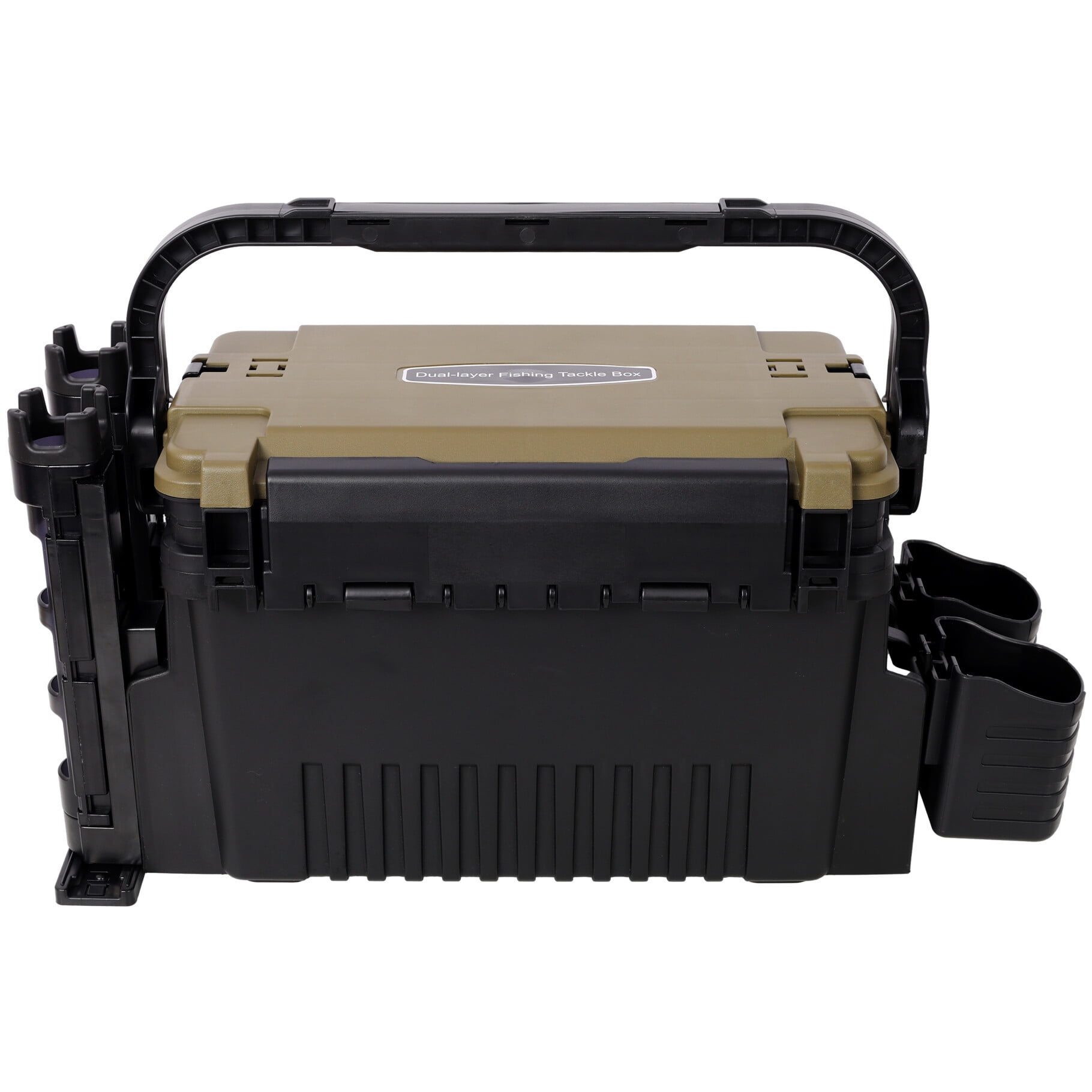 Dual-layer Fishing Tackle Box, Tackle Box Organizer with Rod Holders, Cup Holders and Carring Strap, Portable Tackle Box for Fishing Lure Storage Organization, Army Green