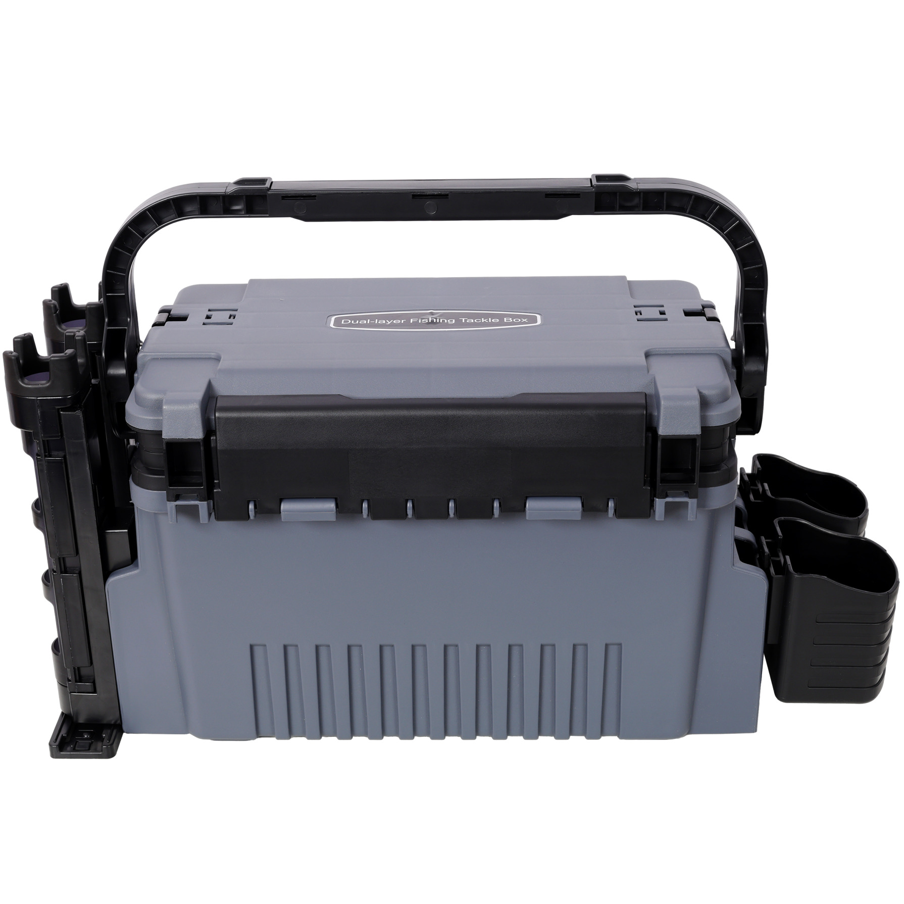 Dual-layer Fishing Tackle Box, Tackle Box Organizer with Rod Holders, Cup Holders and Carring Strap, Portable Tackle Box for Fishing Lure Storage Organization, Gray