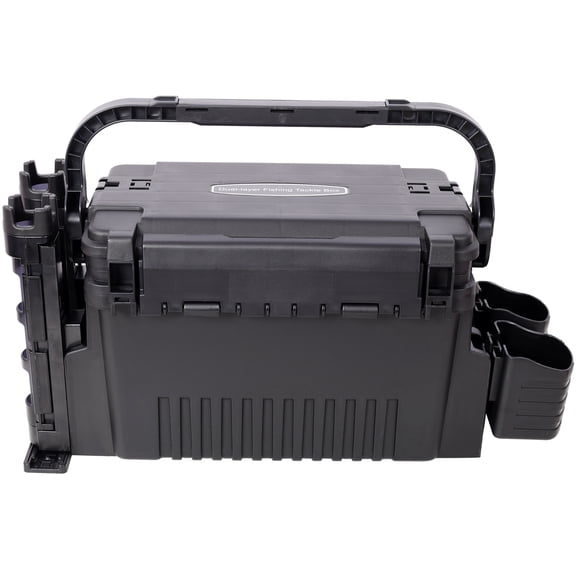 Dual-layer Fishing Tackle Box with Rod Holders, Large Tackle Box Organizer for Hiking and Lake Trips, Black Plastic 22.5x9x13 Inches